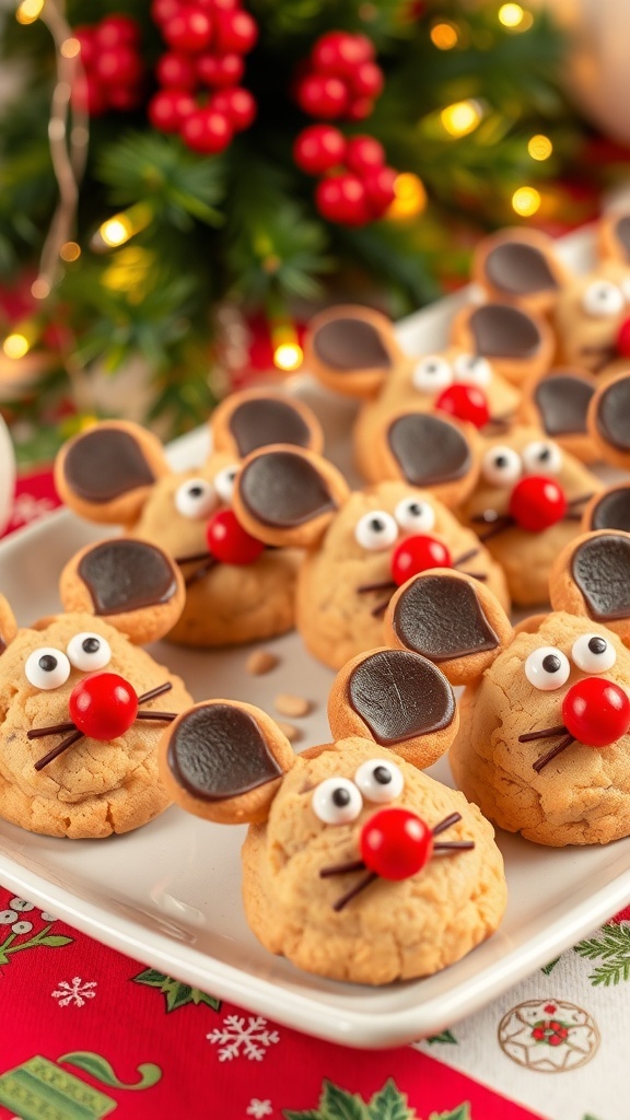A colorful assortment of Christmas mouse cookies with chocolate chip eyes and almond ears on a festive platter.